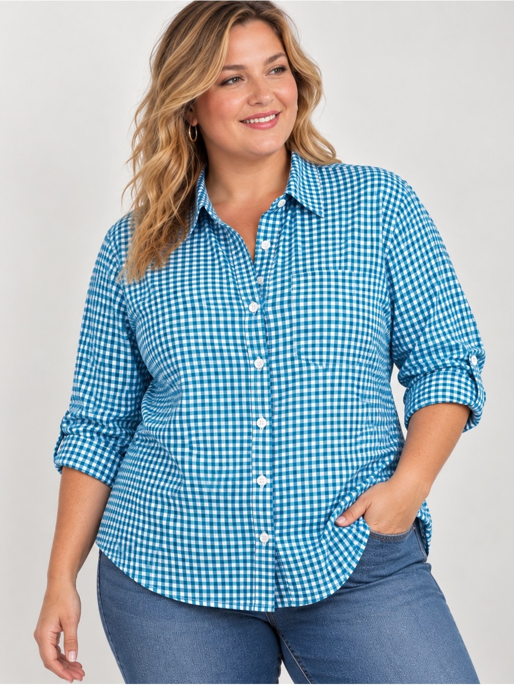 Ellen Tracy 100% Cotton Aqua Gingham Button-Down Shirt